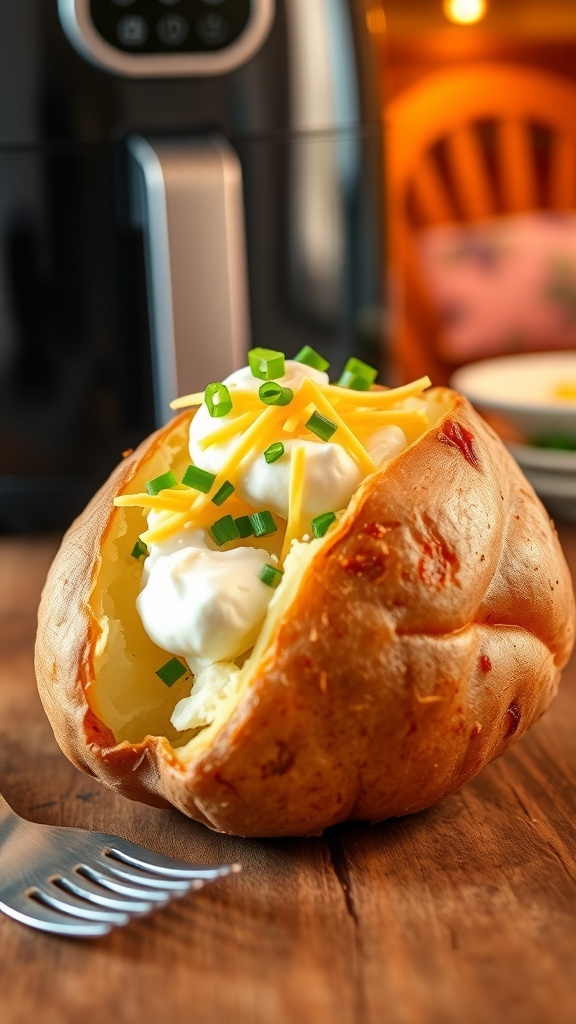 Air Fryer Baked Potatoes Recipe A baked potato with sour cream, cheese, and chives on a wooden table next to a fork.